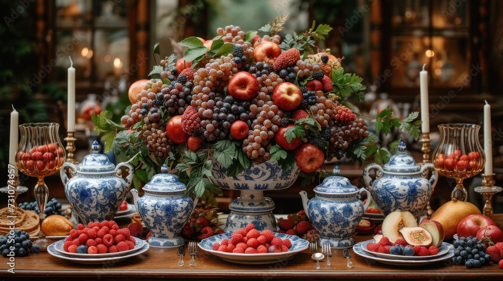 a table topped with blue and white dishes and a vase filled with fruit on top of a table covered in candles.