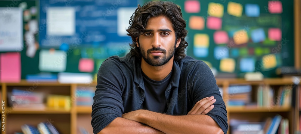 Handsome bearded male teacher in classroom with blurred background and copy space for text Handsome bearded male teacher in classroom with blurred background and copy space for text