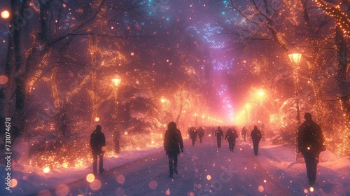 a group of people walking down a snow covered road next to a forest filled with lots of trees and lights.