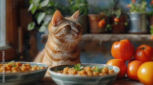a cat sitting in front of a bowl of food next to a bowl of tomatoes and a bowl of chickpeas.