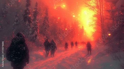 a group of people walking down a snow covered road in the middle of a forest with bright lights on the trees.