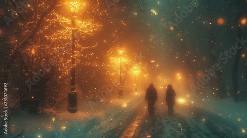 a couple of people walking down a snow covered road next to a forest filled with lots of trees and lights.