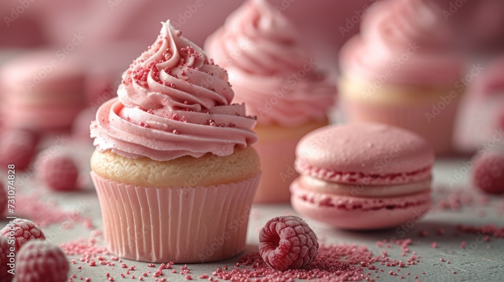 a close up of a cupcake with pink frosting and raspberry sprinkles around it.
