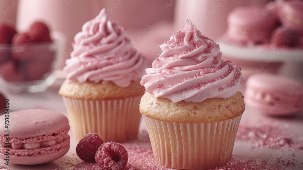 a close up of two cupcakes with frosting and raspberries on a table with other cupcakes.