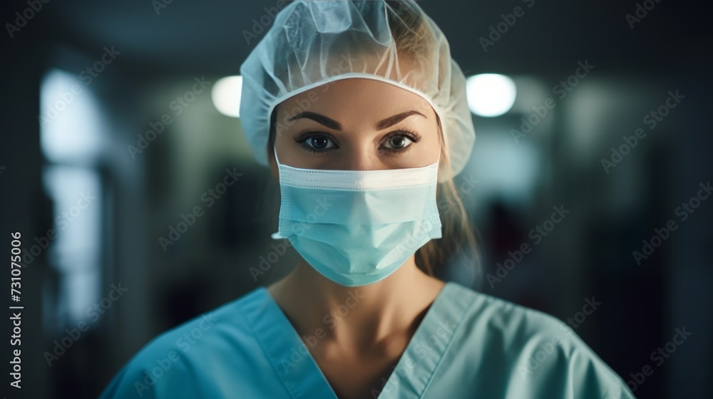 Portrait of a nurse with face mask standing in the hospital ward. Portrait of a nurse with face mask standing in the hospital ward.