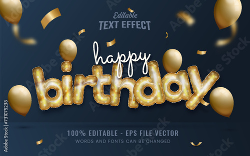 Golden happy birthday editable text effect with golden balloons decoration