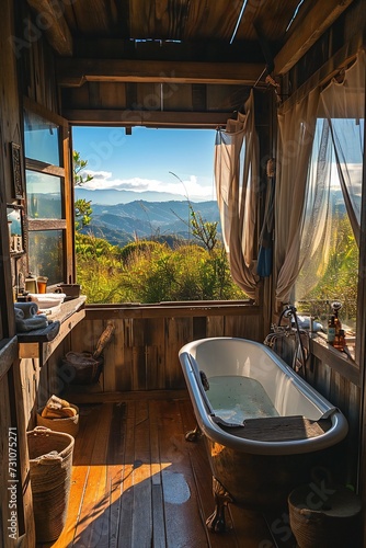 cozy bathroom setting with a view.