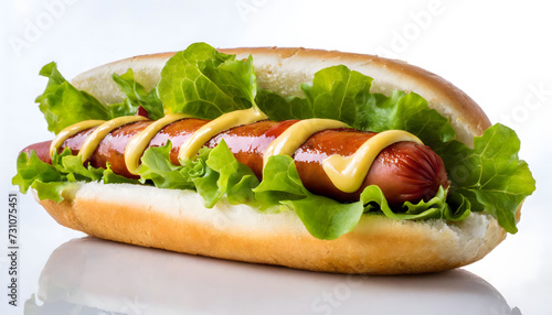 Hot dog with sauce, mustard and green salad