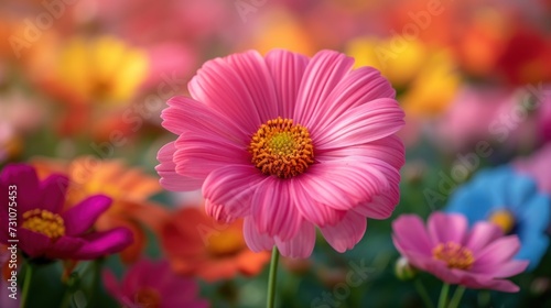 a pink flower with a yellow center in a field of multicolored daisies and other daisies in the background.