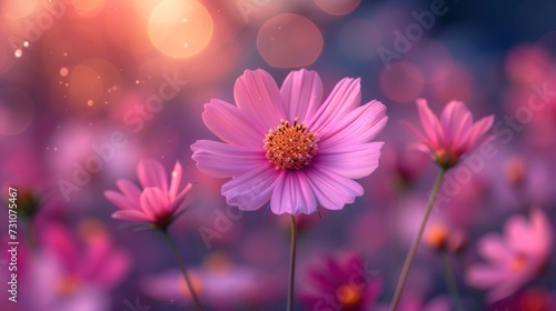 a close up of a pink flower in a field of pink flowers with a boke of light in the background.