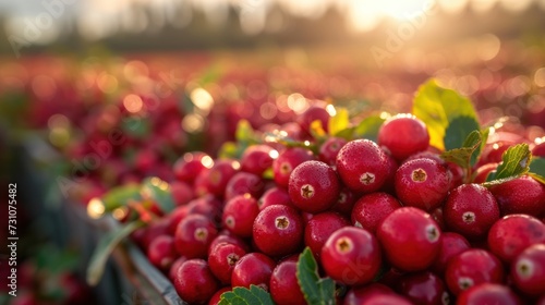 a close up of a basket of cranberries with the sun shining through the leaves on the other side of the basket.
