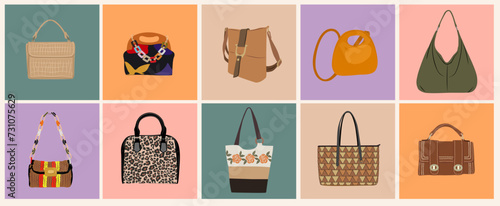 Set of various stylish female bags. Women handbag, cross body, tote, shopper, hobo, clutch, purse. Fashionable leather handmade accessories. Trendy Vector realistic illustration icon collections. photo