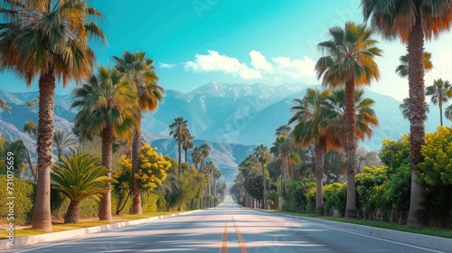 a street lined with palm trees and a mountain range in the distance with a blue sky and white clouds in the background.