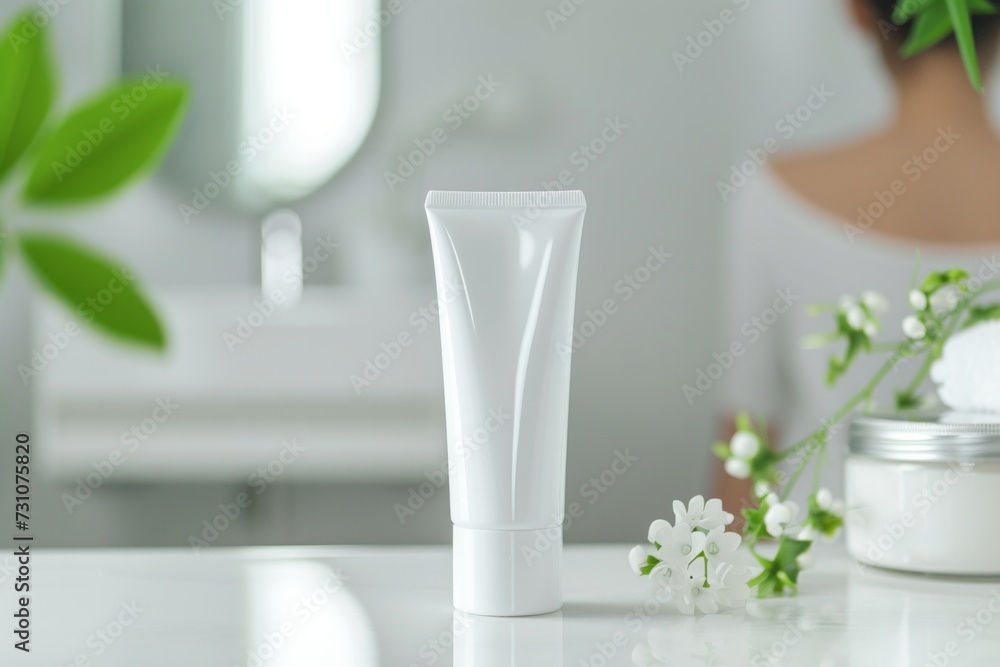 mockup cosmetic matte white tube stay on the bath table, background with woman in dress defocused