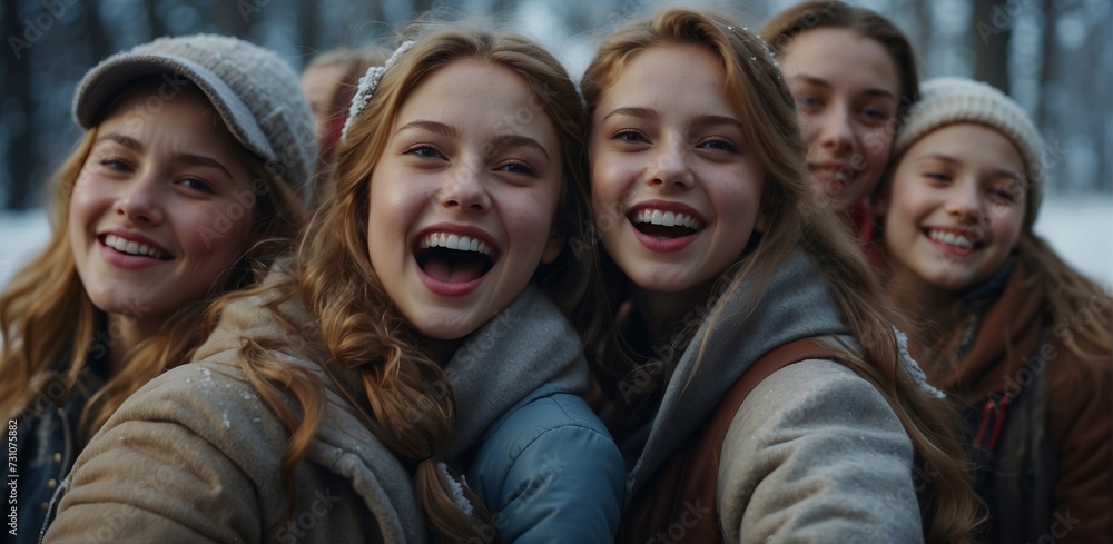 Selfie in a group of friends enjoy together in a mountain environment, sharing laughter and good times. Their expressions and postures reflect joy and unity