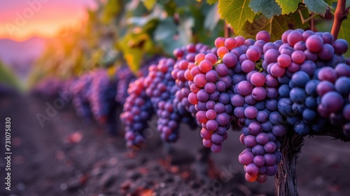 a bunch of grapes hanging from a vine in a vineyard with the sun setting on the horizon in the background.