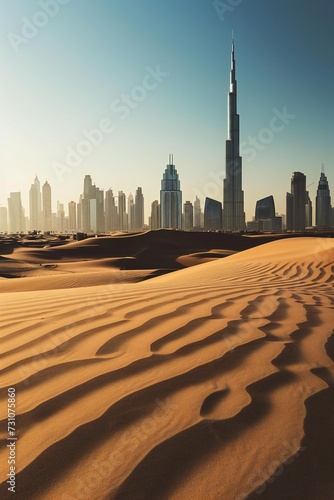 Deserted megapolis with sandy dunes. Vertical