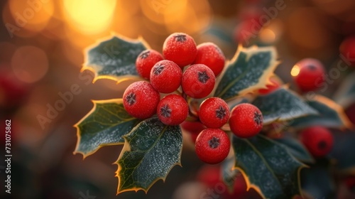 a close up of a holly plant with red berries and green leaves with the sun shining through the leaves in the background. photo