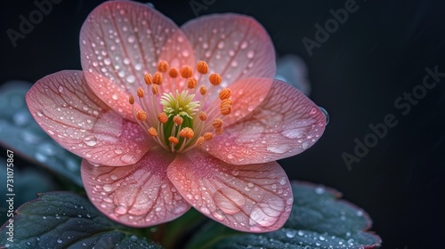 a close up of a pink flower with drops of water on it and a green leafy plant in the background.
