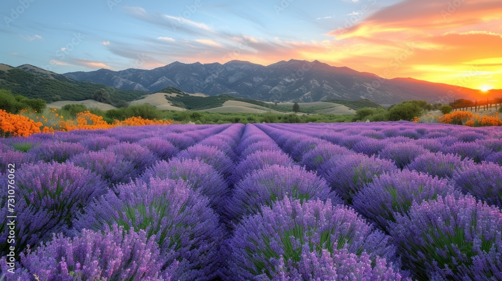 a field of lavender flowers in front of a mountain range with the sun setting over the mountains in the distance.