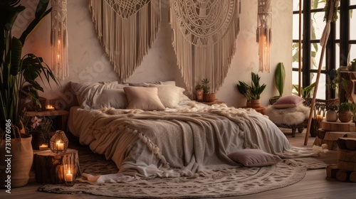 Scenes of a bohemian-style bedroom with macramé decor, creating a relaxed and laid-back atmosphere for sleep.