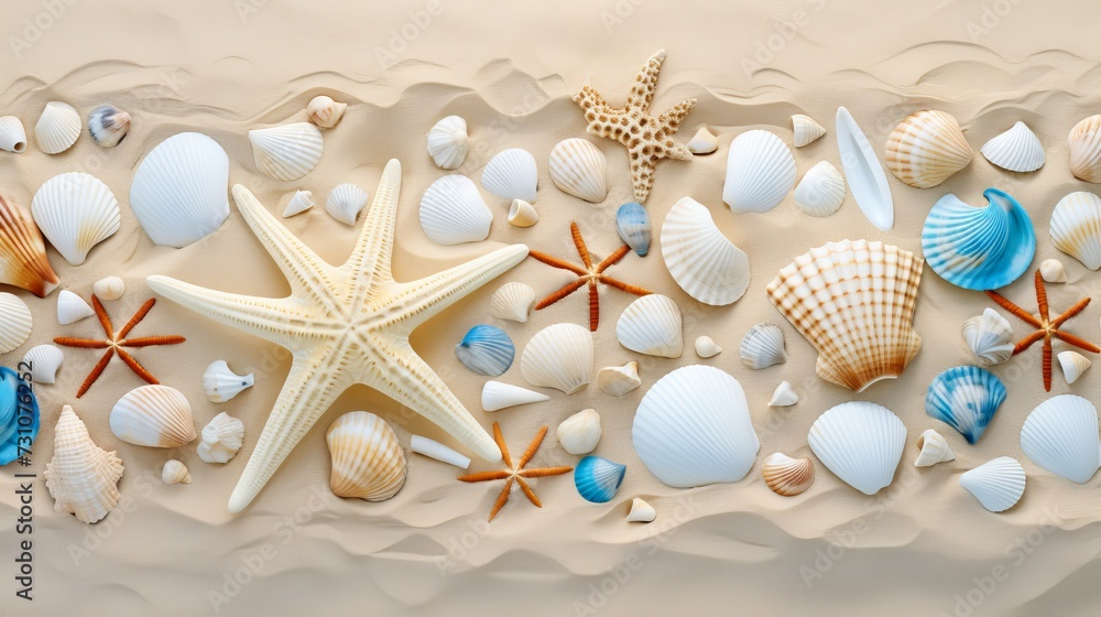 An image featuring a collection of seashells and starfish arranged artfully on the sandy beach. An image featuring a collection of seashells and starfish arranged artfully on the sandy beach.
