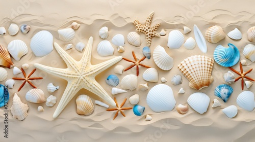 An image featuring a collection of seashells and starfish arranged artfully on the sandy beach.