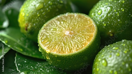 a group of limes sitting next to each other on top of a leafy green surface with drops of water on them.