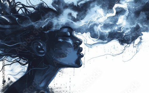 Contemporary artwork: Profile silhouette of a woman screaming with a storm cloud inside her head.
