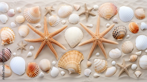 An image featuring a collection of seashells and starfish arranged artfully on the sandy beach.