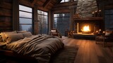 Scenes of a cozy bed in a winter cabin, with a roaring fireplace, creating a warm and inviting sleep environment.