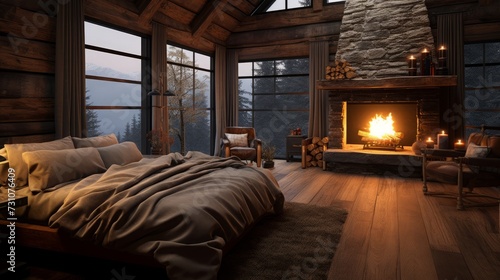 Scenes of a cozy bed in a winter cabin, with a roaring fireplace, creating a warm and inviting sleep environment. © Sladjana