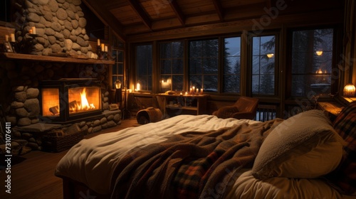Scenes of a cozy bed in a winter cabin, with a roaring fireplace, creating a warm and inviting sleep environment.