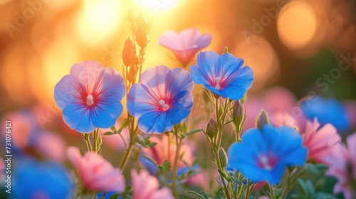 a field of blue and pink flowers with the sun shining through the trees in the background and a blurry background.