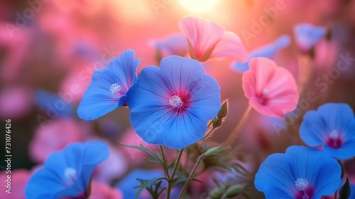 a group of blue and pink flowers with the sun shining in the back ground behind them and a pink and blue flower in the foreground.