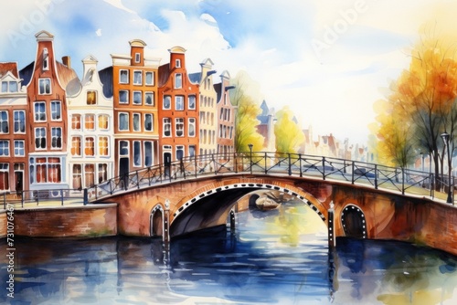 A Painting of a Amsterdam Bridge Over a Body of Water