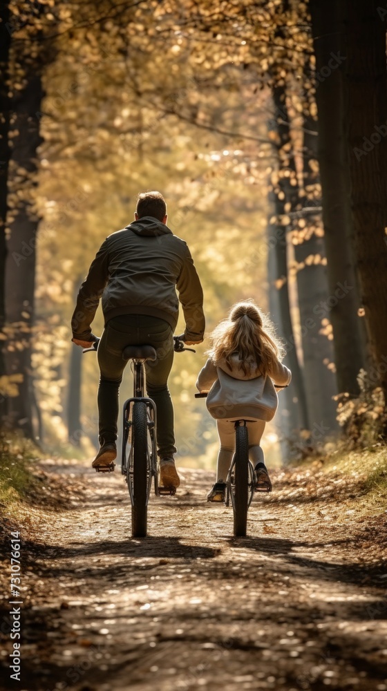 A young girl and her father cycling in the forest on a sunny autumn day, seen from behind.