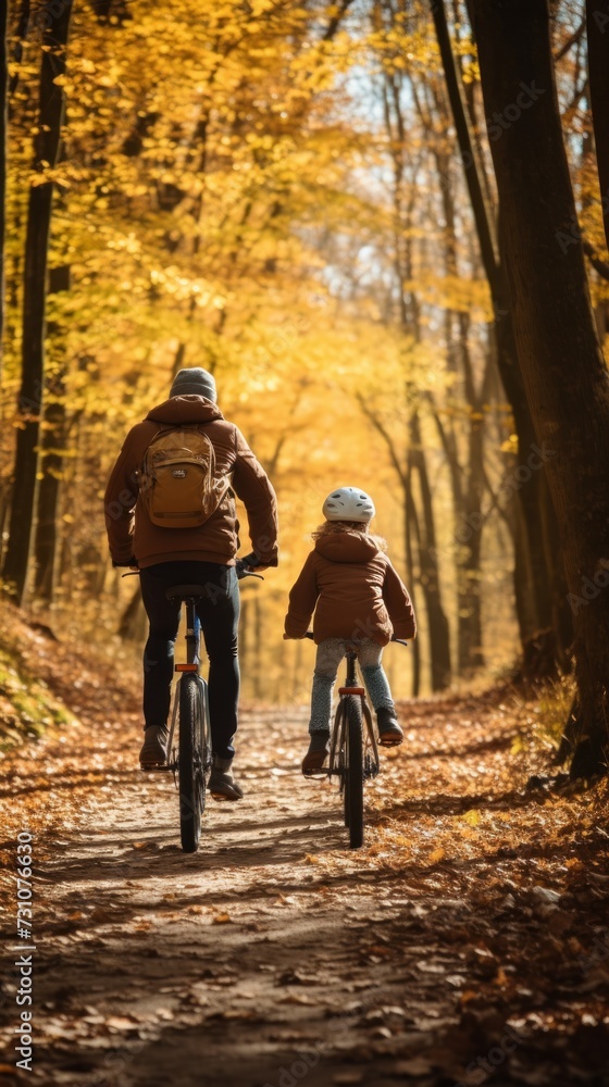 A young girl and her father cycling in the forest on a sunny autumn day, seen from behind. A young girl and her father cycling in the forest on a sunny autumn day, seen from behind.