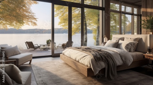 Scenes of a serene bedroom in a lakehouse, featuring a comfortable bed and large windows with views of a calm lake.