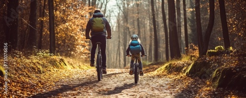 A young girl and her father cycling in the forest on a sunny autumn day, seen from behind.