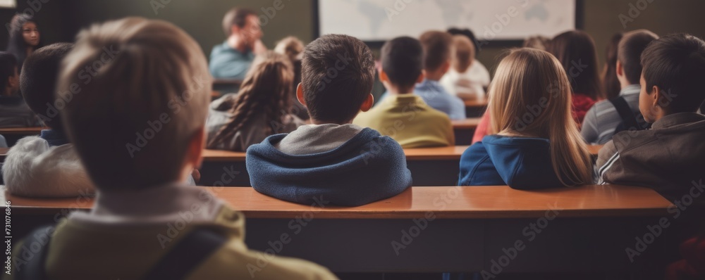 In the classroom, a large group of students listens attentively to their high school teacher, with focus on a boy in the middle.