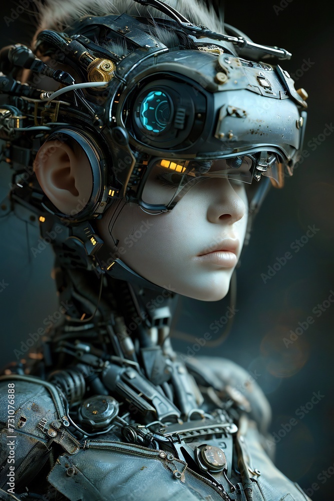 Female cyborg with a sleek futuristic visor. Vertical portrait Female cyborg with a sleek futuristic visor. Vertical portrait