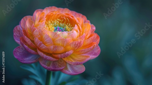 a close up of an orange and pink flower with a blurry back ground behind it and a blurry back ground behind it. photo