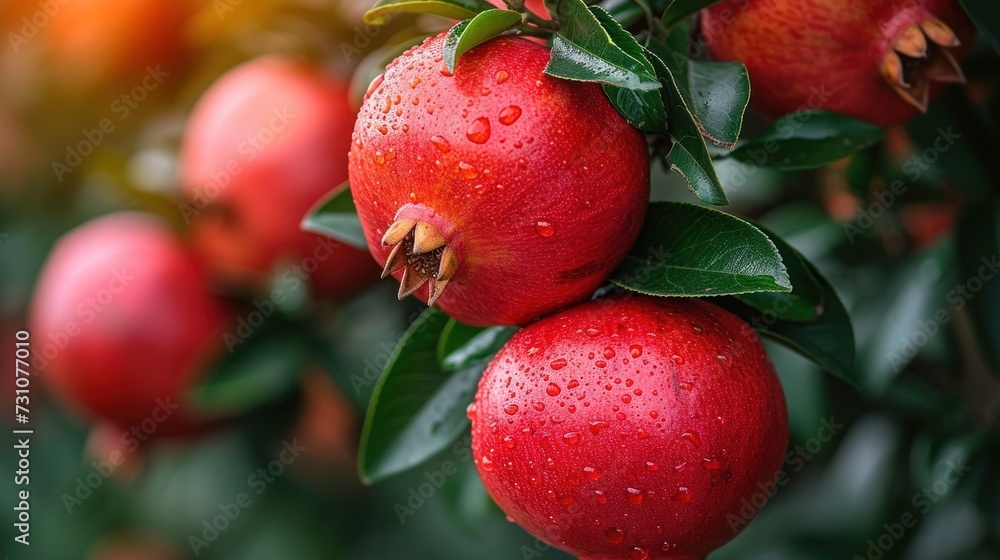 a bunch of red apples hanging from a tree with water droplets on the leaves and the fruit still on the tree. a bunch of red apples hanging from a tree with water droplets on the leaves and the fruit still on the tree.