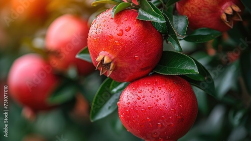 a bunch of red apples hanging from a tree with water droplets on the leaves and the fruit still on the tree.