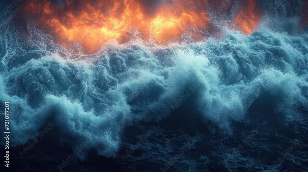 a large body of water with a lot of orange and yellow clouds in the middle of the water and a large wave in the middle of the water.