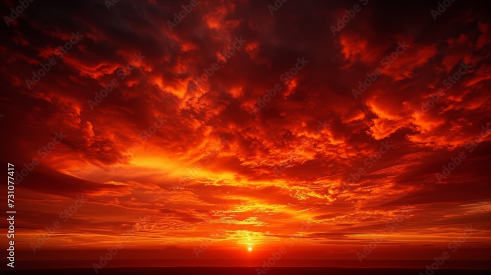 The morning sky ablaze with red hues, featuring a sunrise and clouds at dawn. - obrazy, fototapety, plakaty 