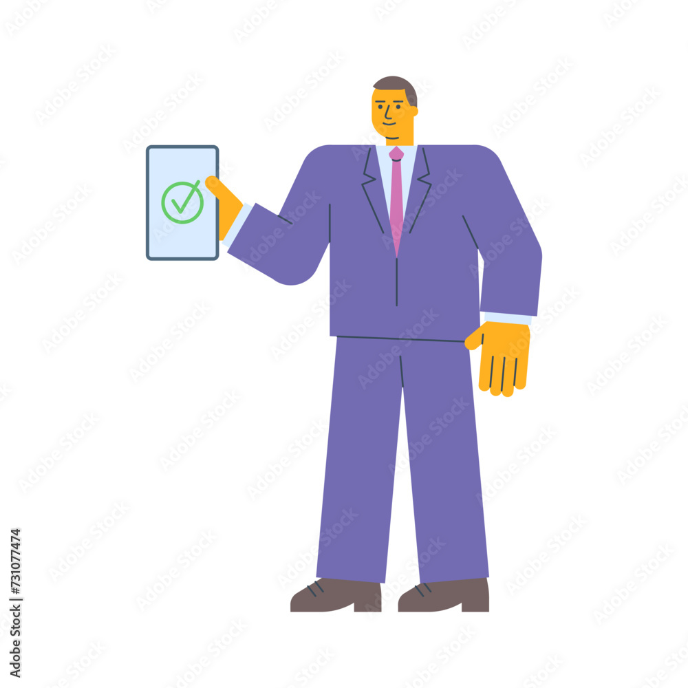 Businessman holding tablet with check mark icon and smiles Businessman holding tablet with check mark icon and smiles