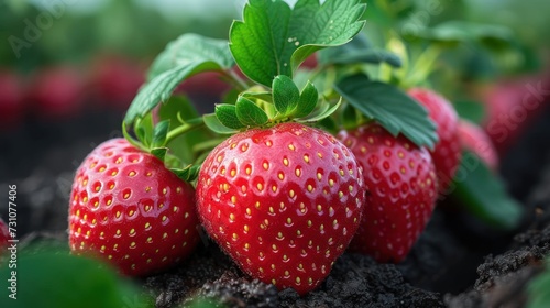 a close up of three ripe strawberries on the ground with green leaves on the top of the straws.