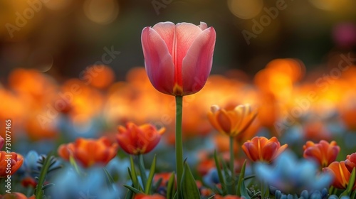 a close up of a pink tulip in a field of blue, orange, and pink tulips. #731077465